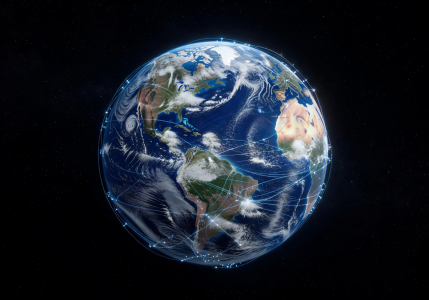 Earth viewed from orbit showing digital connection lines